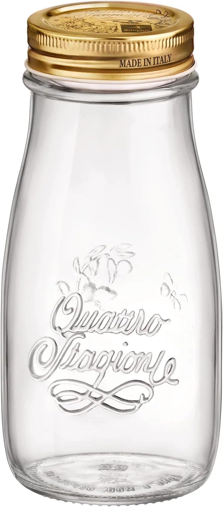 Quattro Stagioni, Glass Canning Jar and Drinking Bottle, 13.5 Oz. with Gold Metal Airtight Lid, Made in Italy.