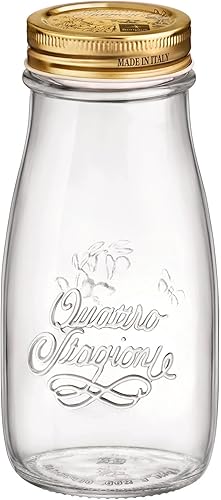 Bormioli Rocco Quattro Stagioni, frasco de cristal para enlatado y botella de bebida, 13.5 Oz. con tapa hermética de metal dorado, hecho en Italia.