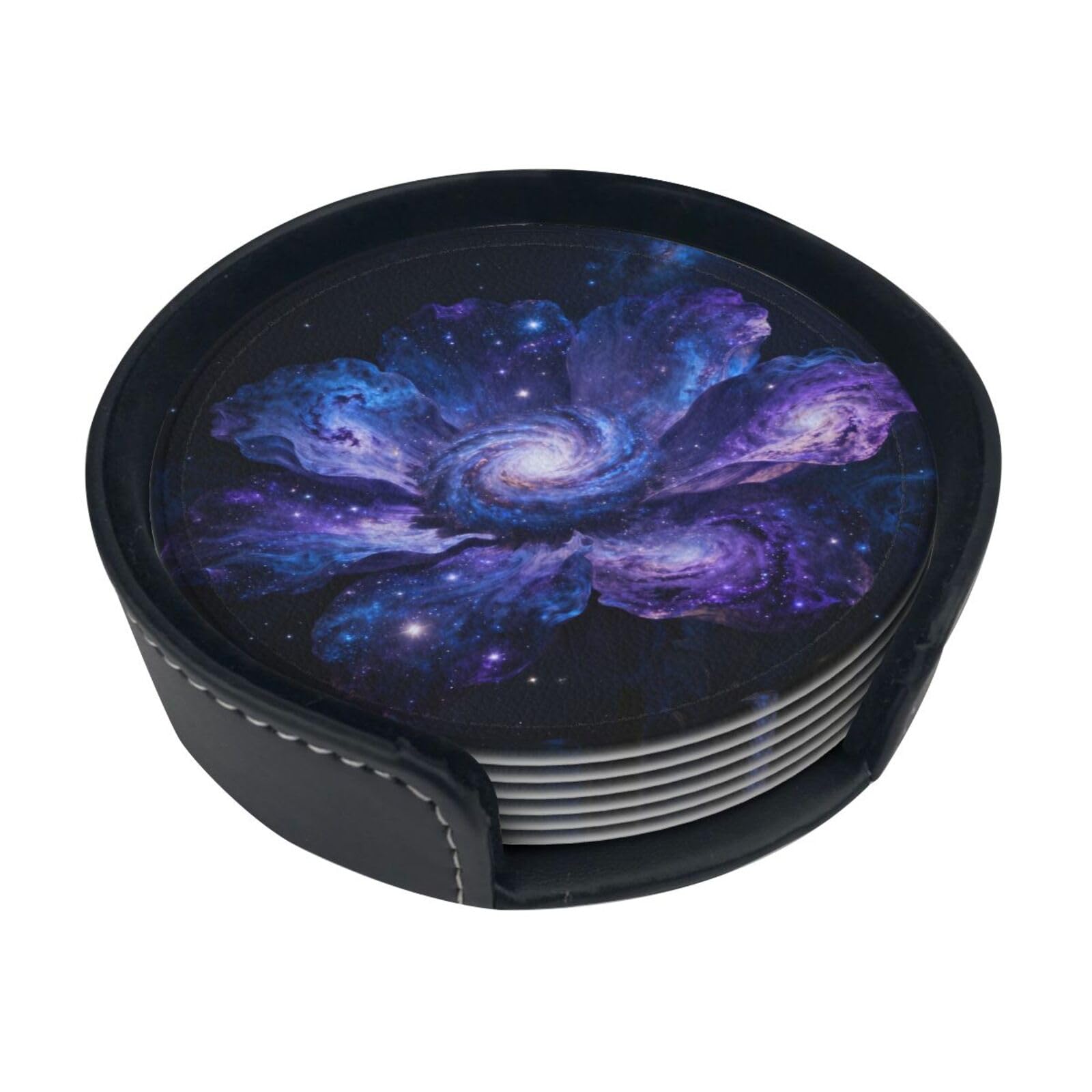 cosmic flower Leather Coasters-Set of 6 with Storage Holder