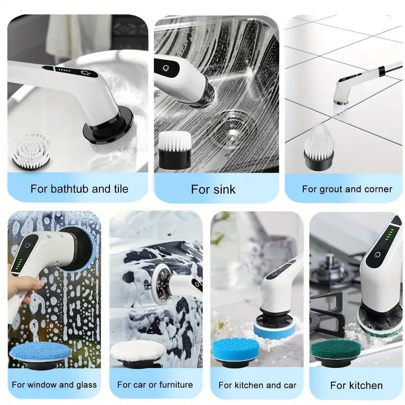 Image of Electric Spin Scrubber,Cordless Cleaning Brush,Shower Cleaning Brush with 8 Replaceable Brush Heads, Power Scrubber 5 Adjustable Speeds for Floor Bathroom Shower Bathtub Glass Car, Gift