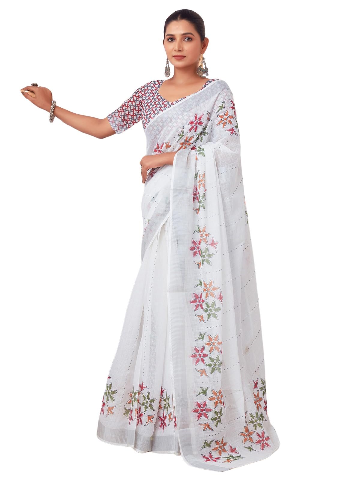 Satrani Women's Cotton Blend Floral Printed Ready To Wear One Minute Saree With Unstitched Blouse Piece (29Rs268N_White)