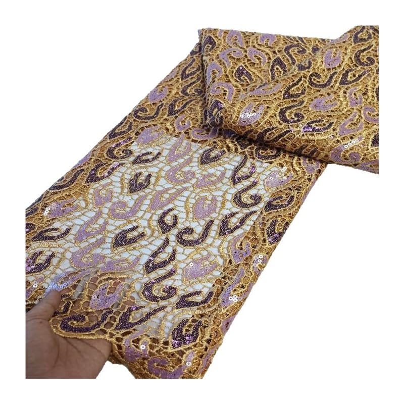 Tissu dentelle guipure nigériane marron de 5m brodé de paillettes pour robe de mariée et soirée