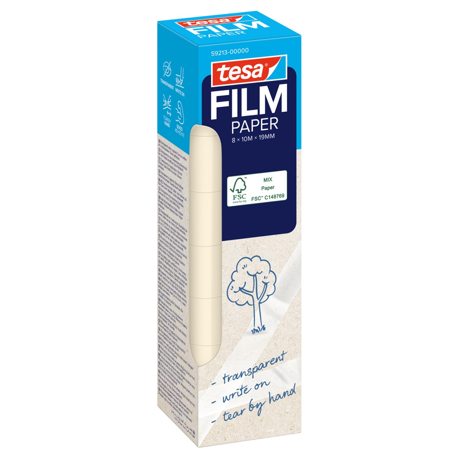 tesafilm PAPER - transparent adhesive tape, can be written on, can be torn to hand, quiet unrolling, ideal for decoration, handicrafts, gift wrapping, office and school, 8 rolls of 19 mm x 10 m each