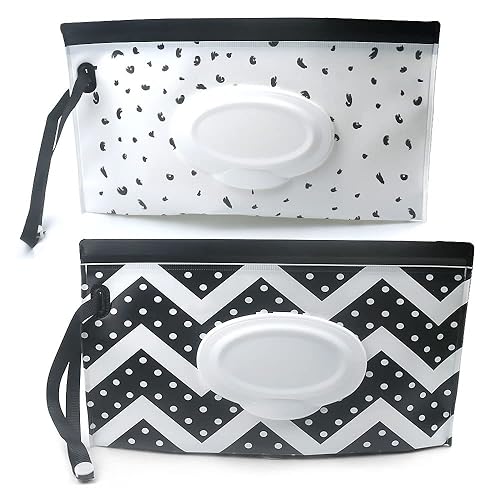 Dispensador de toallitas húmedas para bebé, portátil, recargable, bolsa dispensadora de toallitas húmedas reutilizable para viaje (negro y blanco)