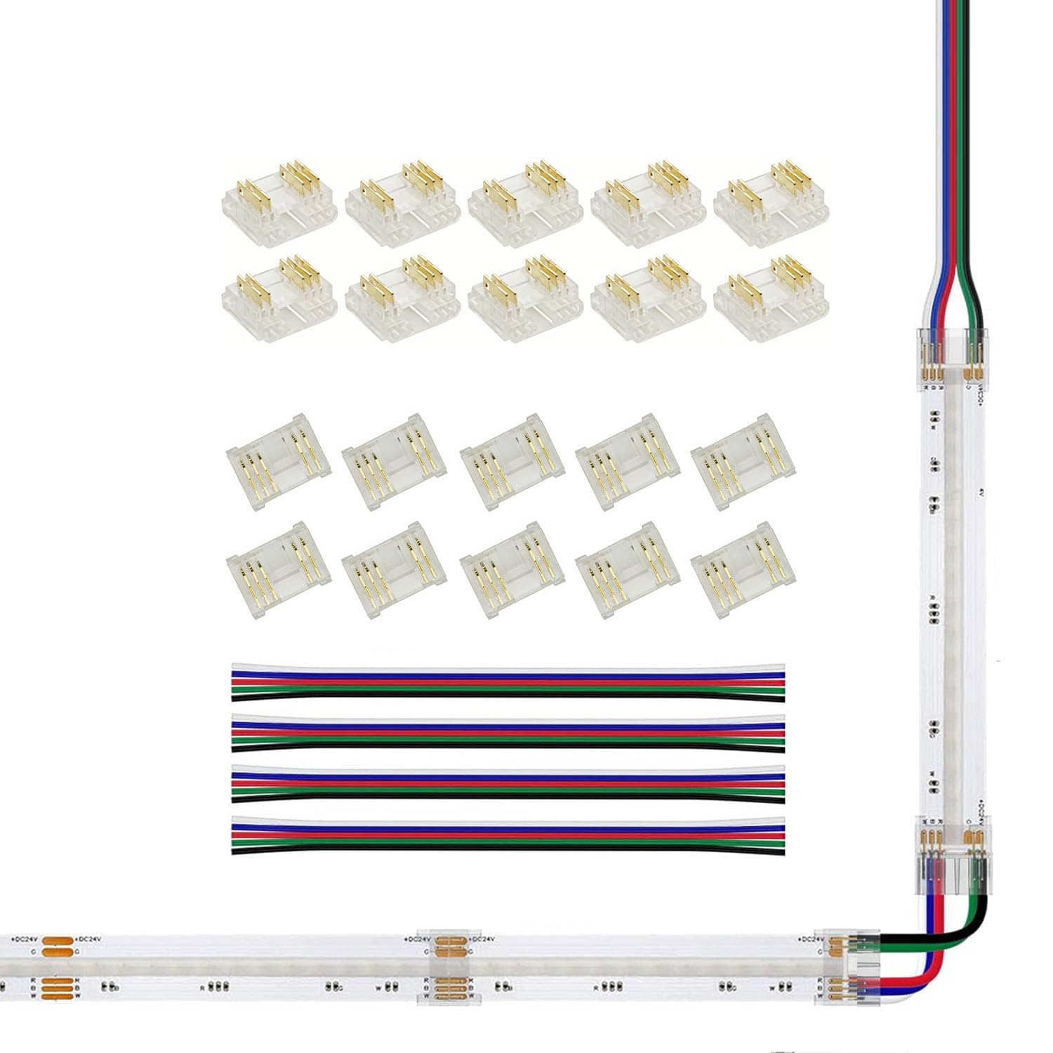 Amefil 5-pin 12mm COB RGB CCT kit/0.47 inch -10 transparent seamless board to board solder, 10 pin to female connectors, 15cm long 24AWG 4 extension cords for COB RGBCW LED strip