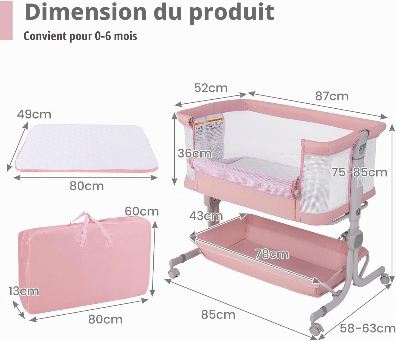 LIFEZEAL Lit Cododo bébé avec Matelas, Hauteur Réglable à 6 Niveaux, Lit d’Appoint Bebe Evolutif à roulettes, Lit de Voyage Pliable avec Sac, Panier de Rangement, 0-6 Mois, Charge 9 kg (Rose)