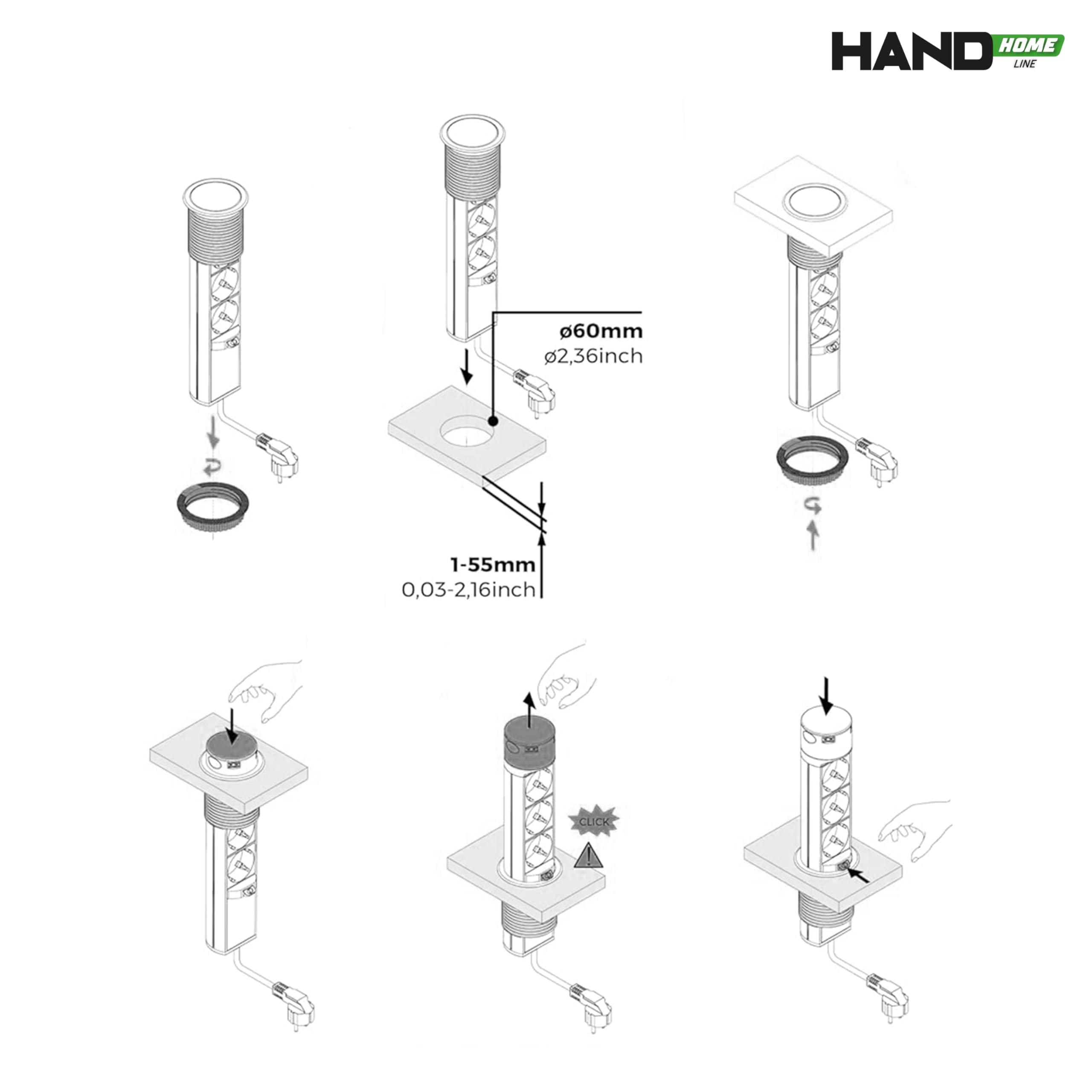 HAND HOME GMZ/S-5 - Enchufe empotrable con 3 enchufes Schuko y 2 USB A - 230 V, 16 A, IP20, enchufe para muebles para escritorio y encimera, color negro