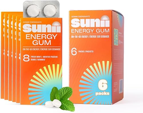 Sunii Energy Gum - Goma de mascar de impulso rápido de energía y enfoque, 50 mg de cafeína, sabor a menta fresca, vitaminas B6 y B5, taurina,