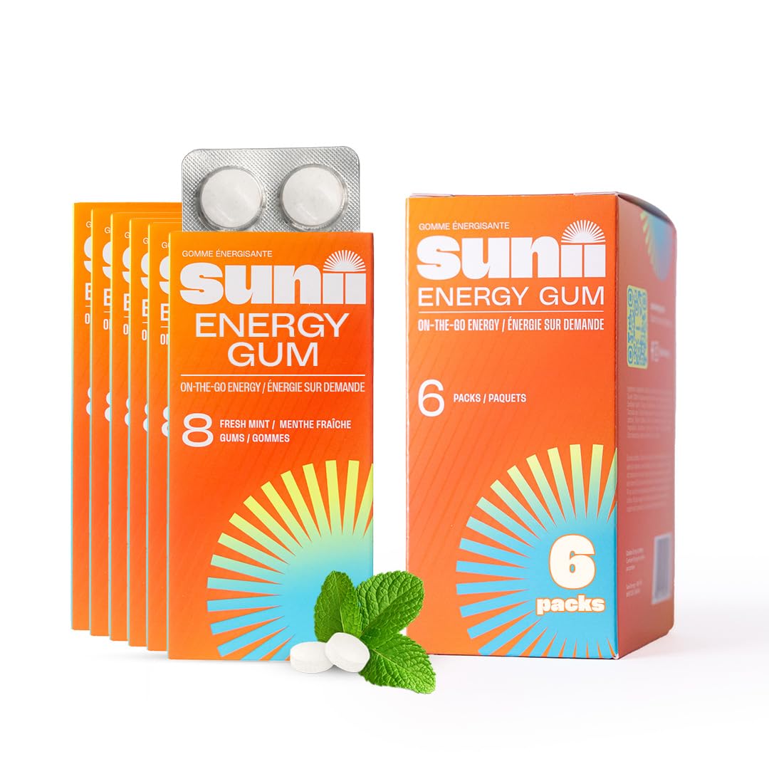 Sunii - Energy Gum - Quick Boost Energy & Focus - 50mg Caffeine Gum, Fresh Mint Taste - Vitamins B6 & B5, Taurine, Vegan, No Sugar, Zero Calorie - Faster than Chews, Drinks, Gels & Pills (48pcs)