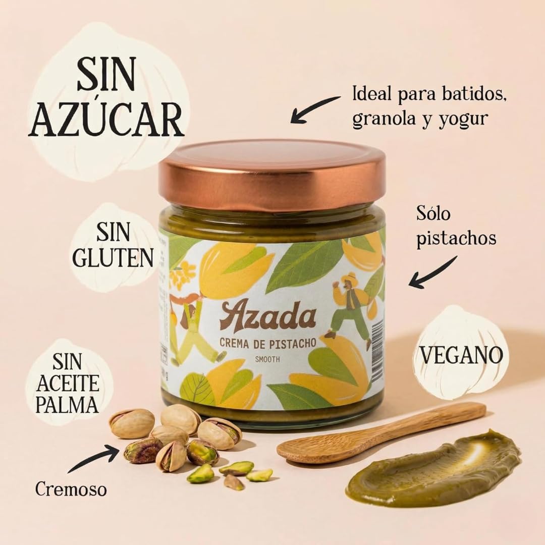 AZADA Crema de Pistacho 100% – Pistachio Cream Smooth – Crema Pistacho Sin Azúcar – Pistachio Butter Natural para Repostería y Desayunos - 350gr