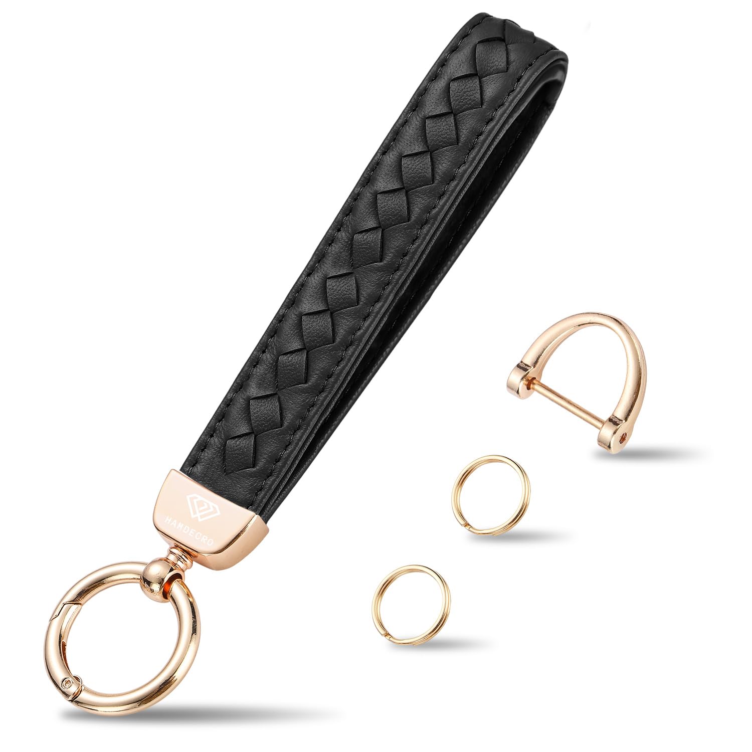 Hamdecro Genuine Leather Car Keychain, Handmade Knit Sheepskin Key chains for Women, Universal Key Fob Holder with 360 Degree Rotatable, Anti-Lost D-Ring, 2 Keyrings and 1 Screwdriver, Black