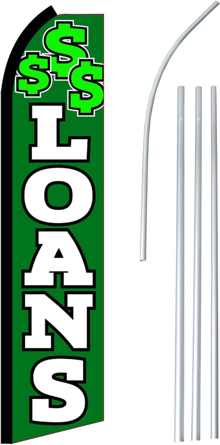 NEOPlex -"Loans"$$$"" - Floppy Flappy Flutter Flag and Pole Set - Includes 12-Foot NEOPlex Feather Flag with 15-Foot Aluminum Pole (no Mount)