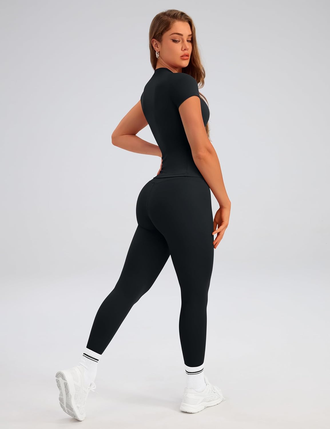 Relety Womens Two Piece Workout Sets Slim Fit Short Sleeve Shirt High Waist Leggings Yoga Outfits Matching Gym Set - Image 4