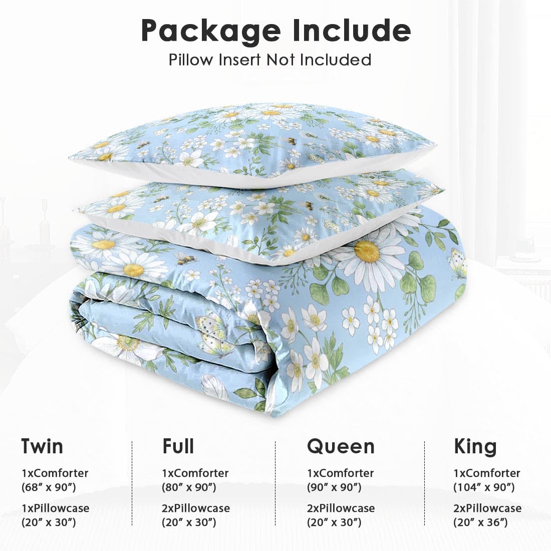 WeCozy Queen Size Comforter Set with 2 Pillowcases, Wildflower Daisy Flower Floral Soft 3 Pcs Bedding for Kids and Adults Bedroom Bed Decor