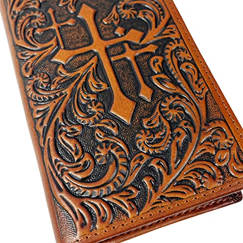 Urbalabs Western Cowboy Leather Long Wallets for Men Checkbook Tooled Wallet Tri Cross Bifold Long Cowboys Billfold Hand Stitched Rodeo RFID Blocking Mens Long Wallet Rodeo Style Cowboy Up (Brown)4