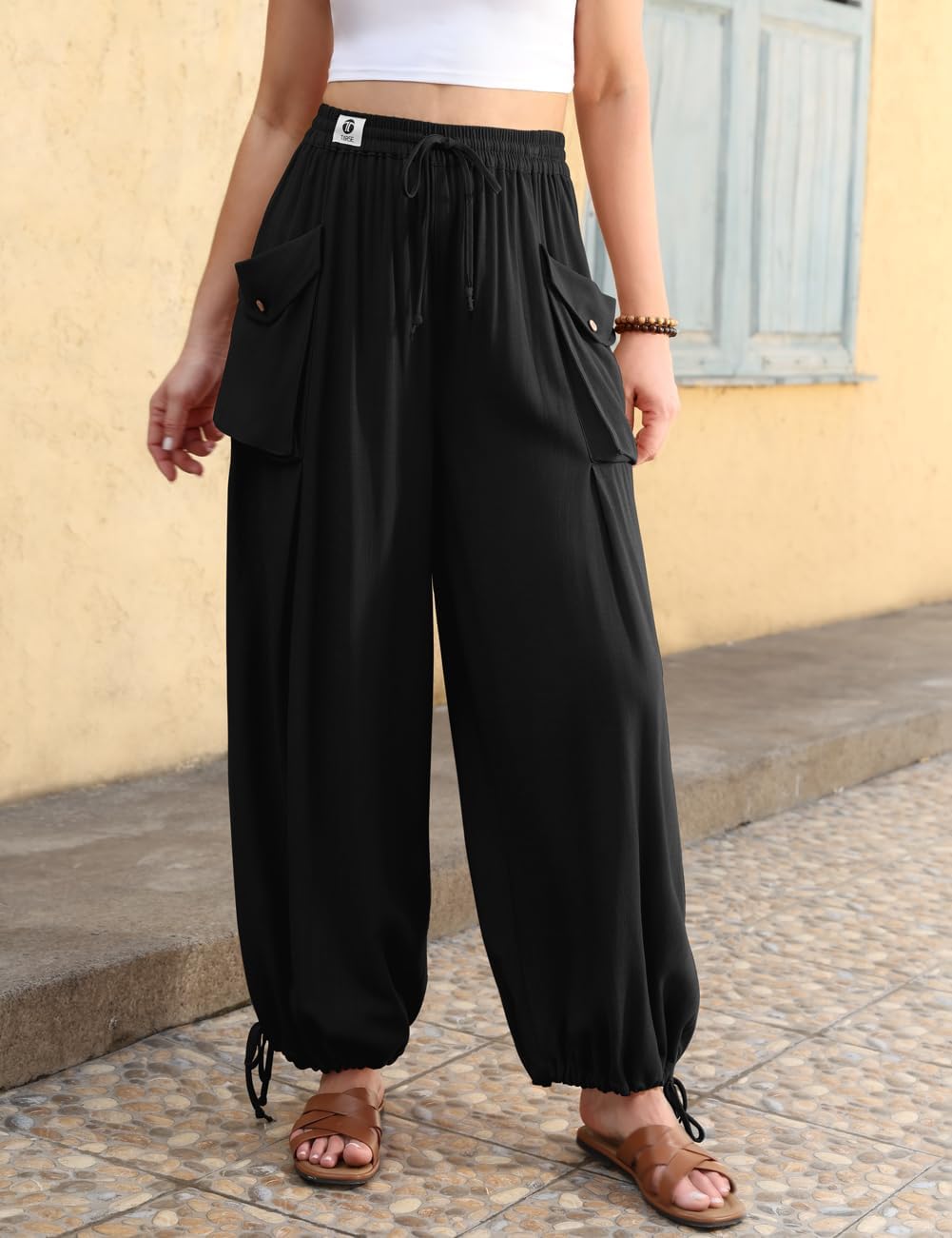 TARSE Womens Linen Wide Leg Pants Casual Loose Drawstring Palazzo Trousers Beach Boho Summer Travel Pants - Image 2