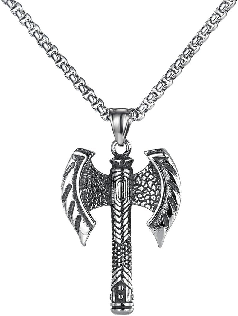 Vintage Norse Odin Pirate Warrior Double Sides Axe Pendant Silver Jewelry Stainless Steel Mens Viking Ax Necklace