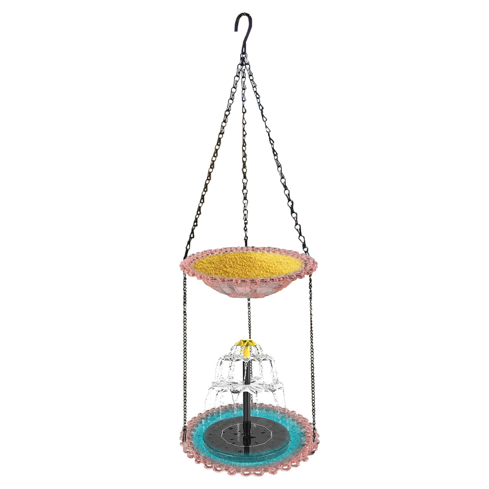 Double Layer Hanging Solar Bird Bath Fountain Bird Bath Bowl with Solar Powered Pump for Outdoor Garden Backyard Patio Lawn Wildlife Feeder (Pink)