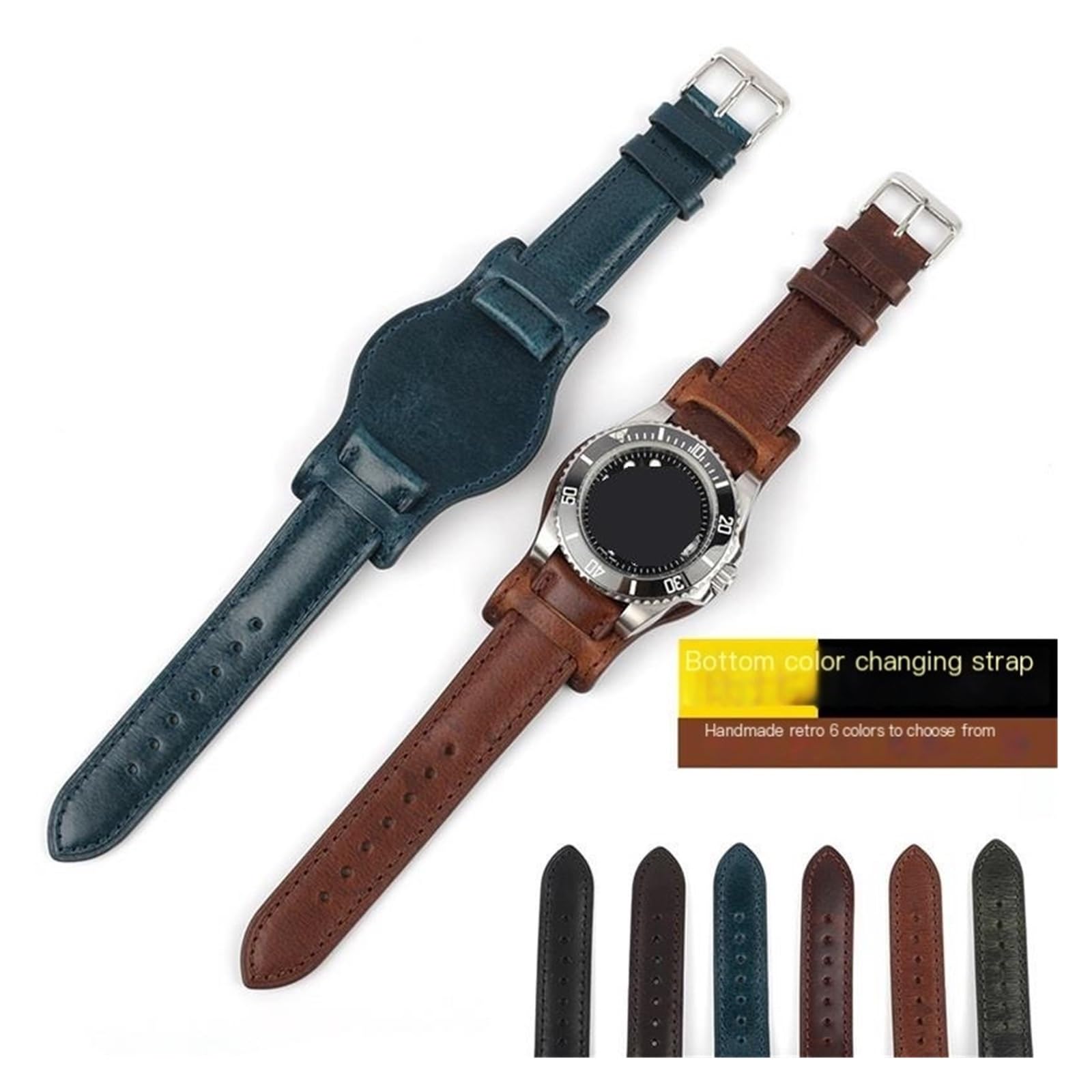 Bracelet de montre avec plateau en cuir ciré à l'huile Couche supérieure en cuir de vachette 20 mm 22 mm Bracelet de rechange universel