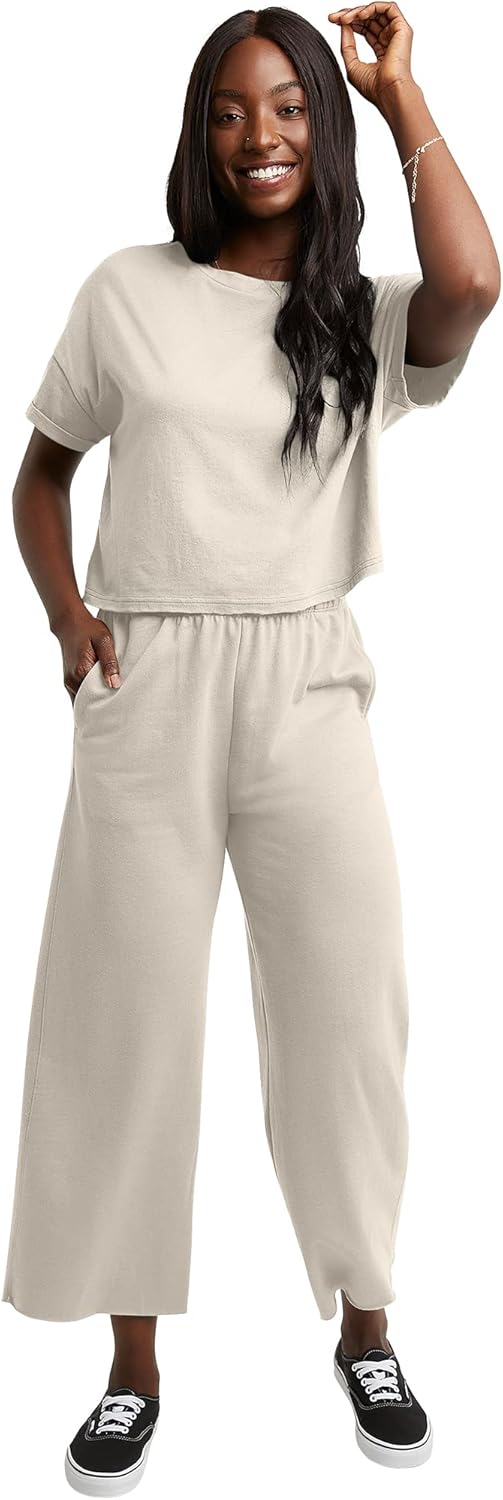 Hanes Originals Women's French Terry Wide Leg Crop Pants with Pockets - Image 5