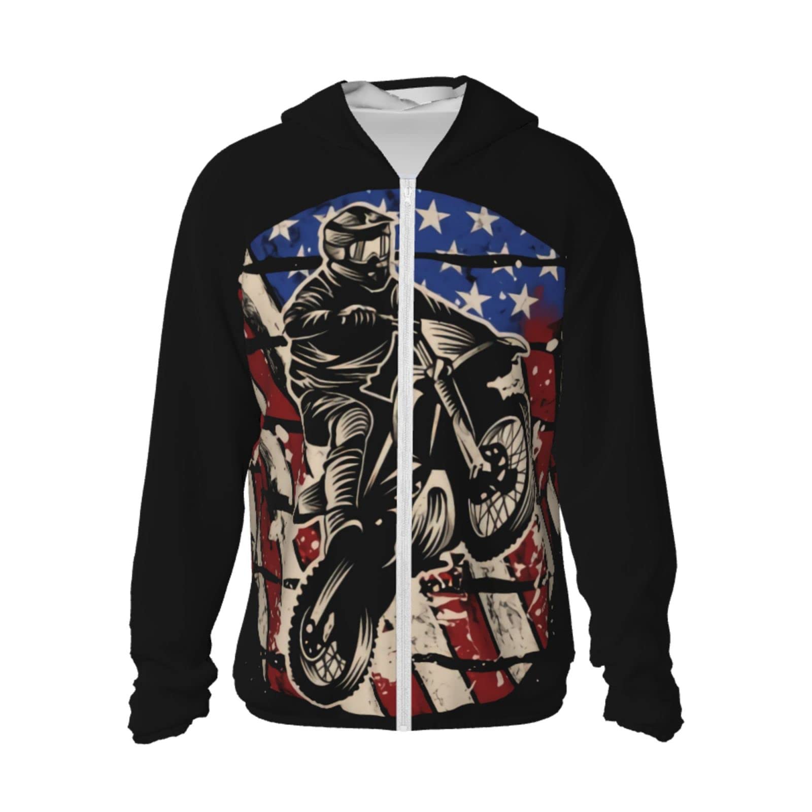 errtavt Motocross Dirt Bike American Flag Sun Protection Hoodie Women's Long Sleeve Uv Shirts Jacket Jacket Hooded with Pockets for Hiking Outdoor Medium