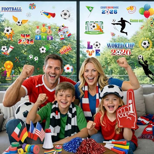 DPKOW 9 x Fensterbilder Fußball 2026 WM Fensteraufkleber Fenstersticker 2026 WM Deko für Fenster Hause Bar Laden, Fußball Fanartikel Deko Weltmeisterschaft Fensterdeko, Selbstklebend