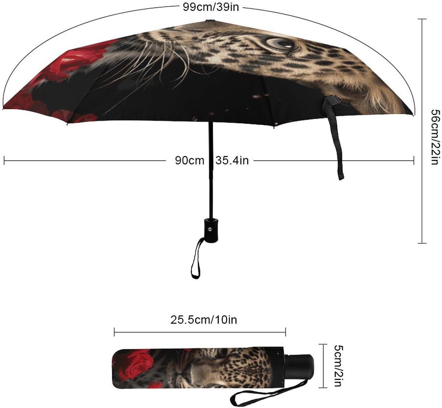 Travel Umbrella for Rain And Sun 3 Folding Automatic Open Lightweight Rose Leopard Umbrella Compact Portable 8 Rib Umbrellas Fit Car Purse Backpack for Men Women