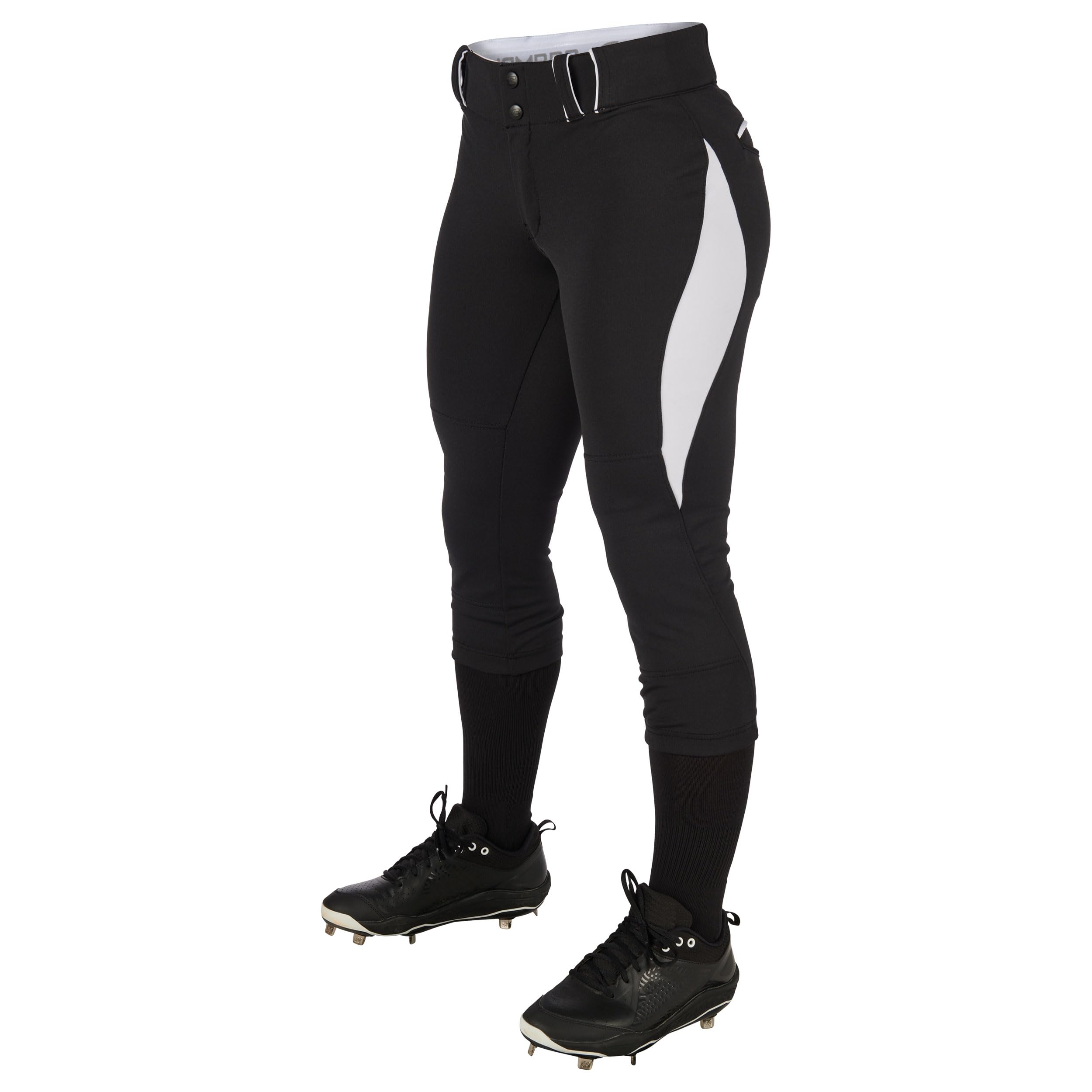 Champro Surge Traditional Low-Rise Fastpitch Softball Pant with Contrast-Color Braid Piping, Black,White, Medium