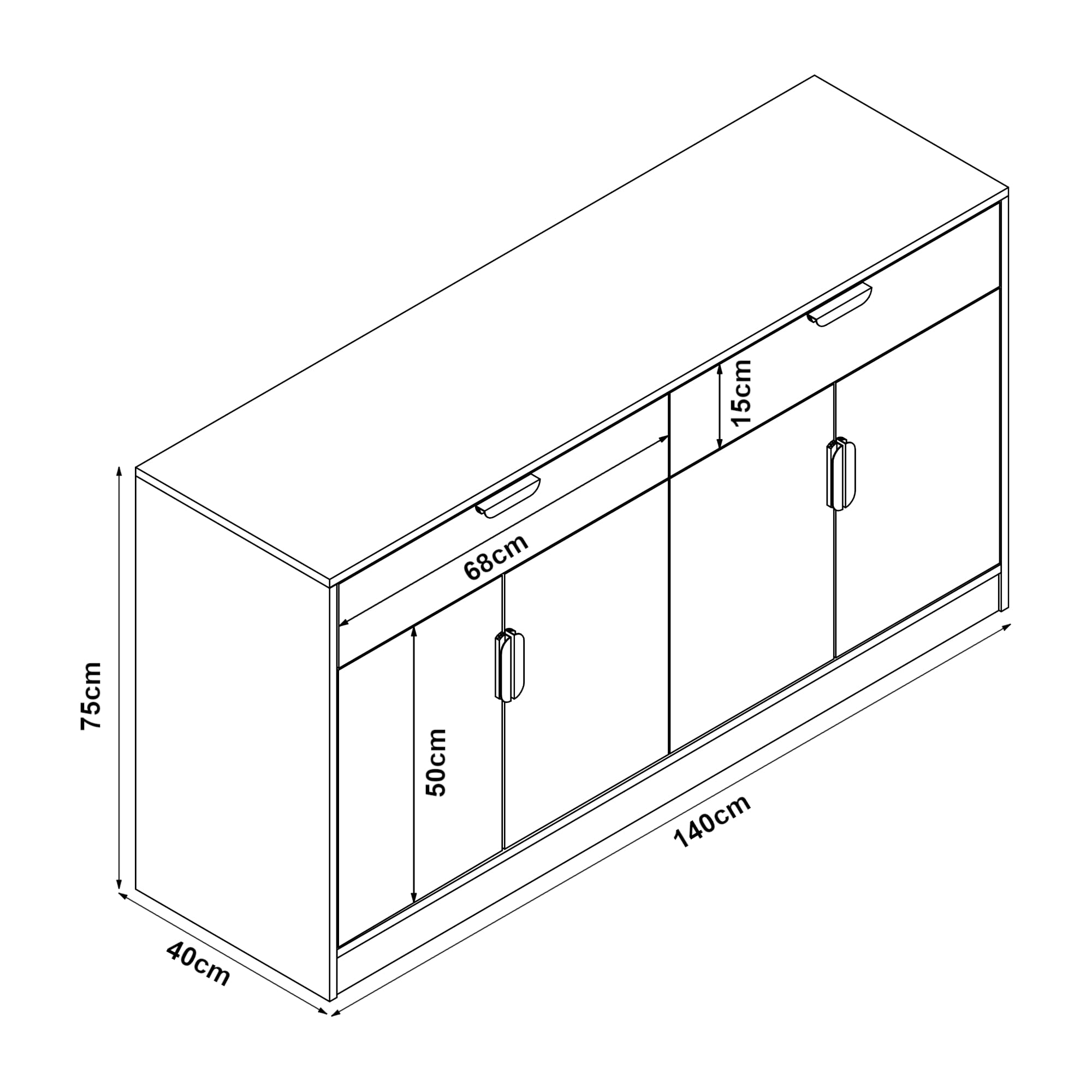 [en.casa] Komoda Varkaus szafka do salonu z 4 drzwiami i 2 szufladami, szafka pod telewizor, wielofunkcyjna 75 x 140 x 40 cm, szafka do przechowywania, MDF o wyglądzie dębu