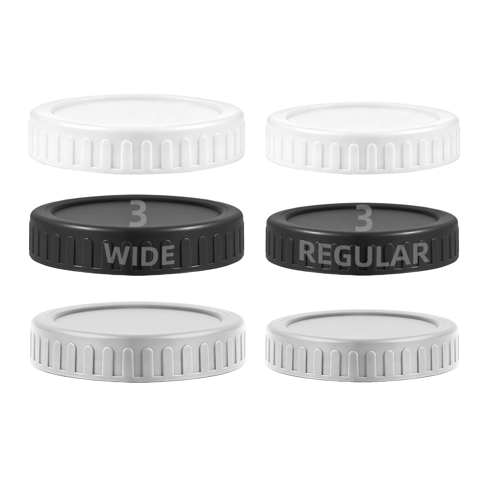 6 Pack Plastic Mason Jar Lids with Silicone Rings, 3 Wide Mouth (86mm) & 3 Regular Mouth (70mm), Reusable Canning Lids for Ball, Kerr & More (3 colours)