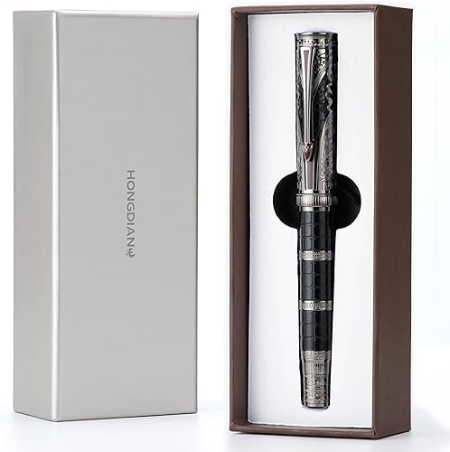Miniatura 5 de Hongdian D5 Qin Dynasty - Pluma estilográfica negra y plateada, pluma de llenado de pistón de punta extrafina, grabado de tótem chino retro,