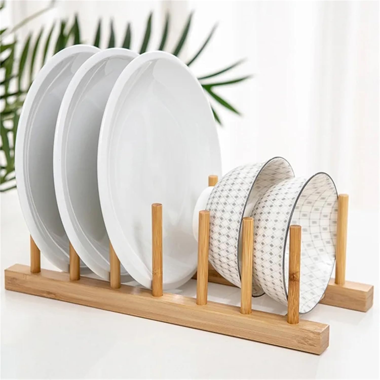 Bamboo Dish Drying Rack Utensil Holder Collapsible Wooden Dish Drainer Rack 2-Tier Folding Drying Holder for Kitchen Counter(8 cells)