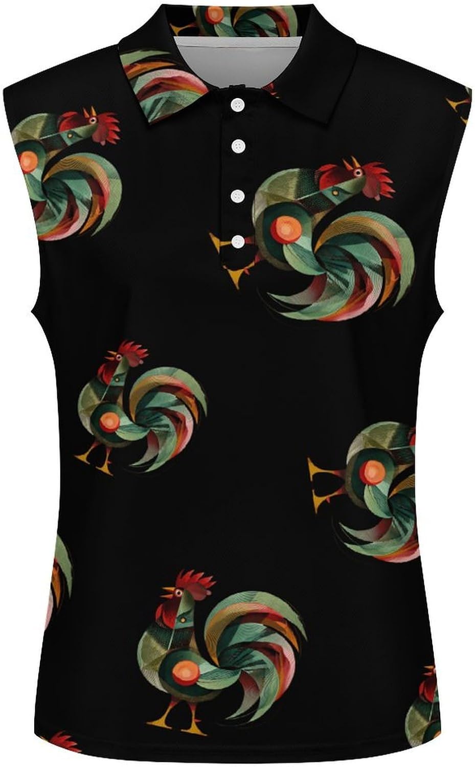 Abstract Geometric Rooster Womens Sleeveless V Neck Golf Polo Shirts | Collared Tank Tops