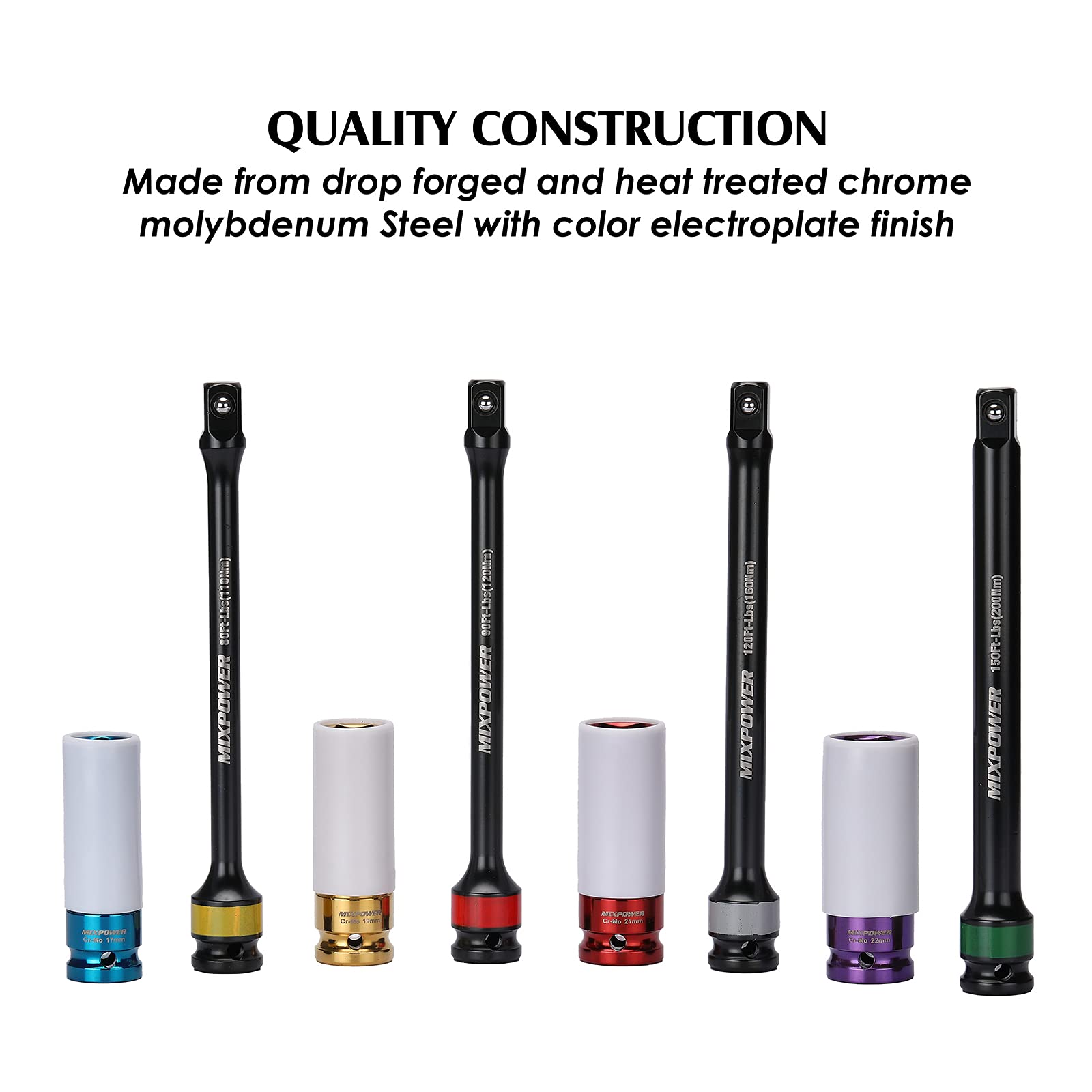 MIXPOWER 1,27 cm (1/2 Zoll) Antriebsradschutz, Schlag-Stecknuss und 20,3 cm kodierte Drehmomentbegrenzung, Verlängerungsstange, 8-teiliges Reifen-tiefes Steckschlüssel-Set, farbcodiert, 110-200 Nm