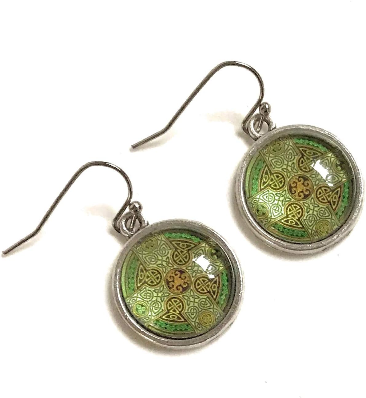 Fern & Filigree Celtic Cross Necklace and Earring Set - Pendant Jewelry Gift for Women - Green and Yellow
