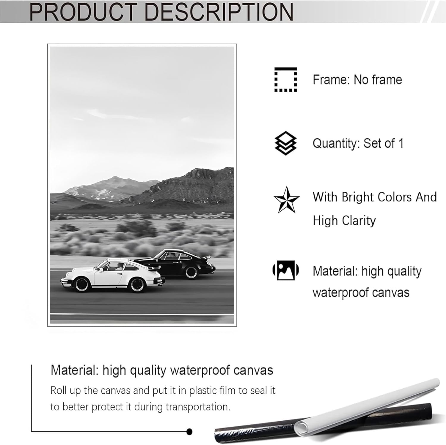 Retro Black And White Car Poster Supercar Canvas Wall Art Luxury Car Lover Sunset Mountain Landscape Aesthetic Prints Painting For Living Room Bedroom Great Garage Wall Decor 24x36in Unframed