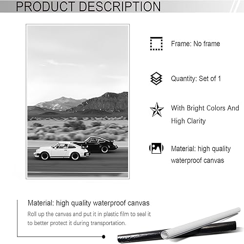 Miniatura 2 de Póster retro de automóvil en blanco y negro, lienzo de superdeportivo, arte de pared para amantes del automóvil, puesta de sol, paisaje, montaña,