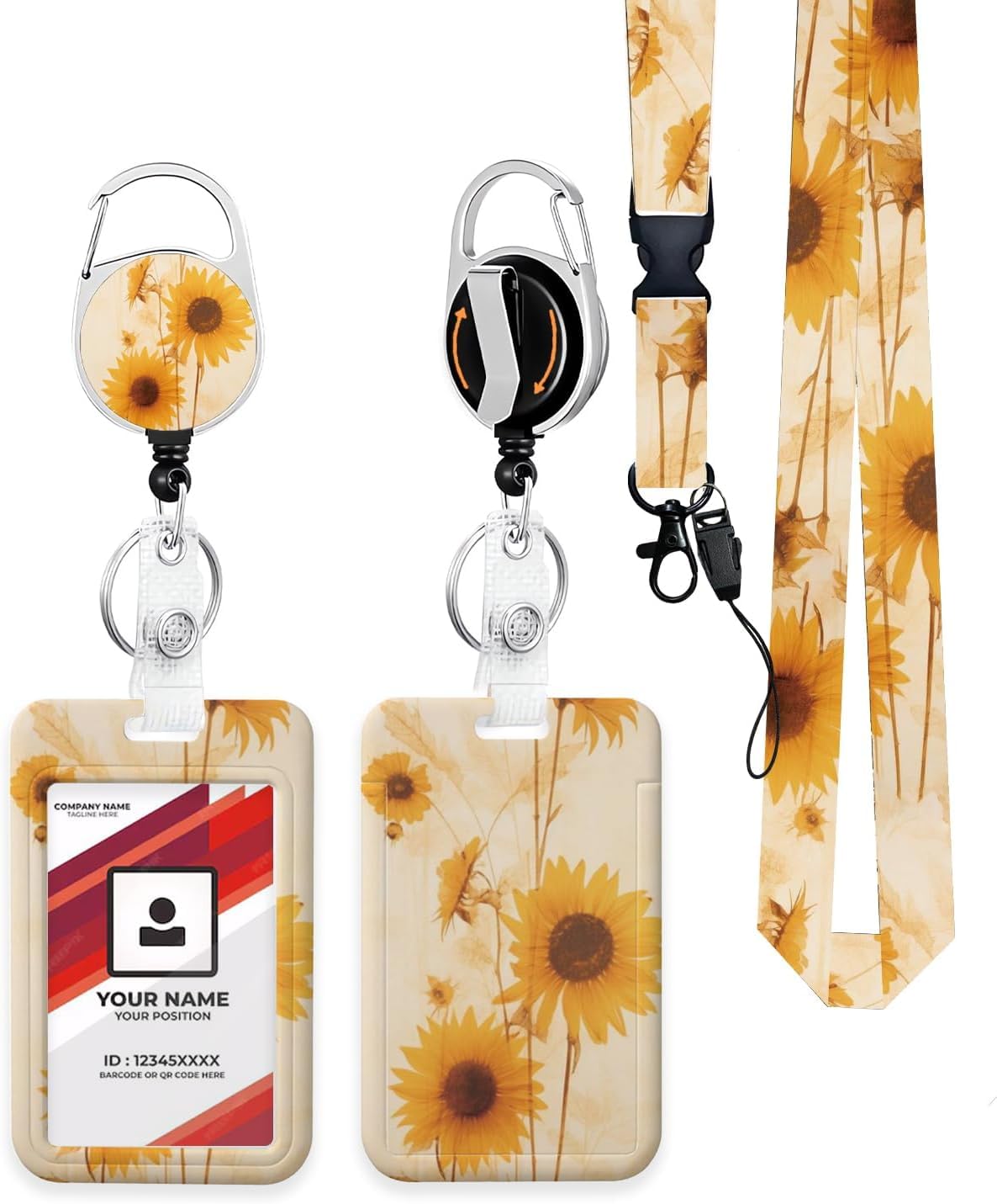 ID Badge Holder with Retractable Badge Reel Clip, Detachable Lanyards for ID Badges, Vertical ID Card Holder for Women, Men, Nurses, Doctors, Teachers, Office Gifts - Sunflower