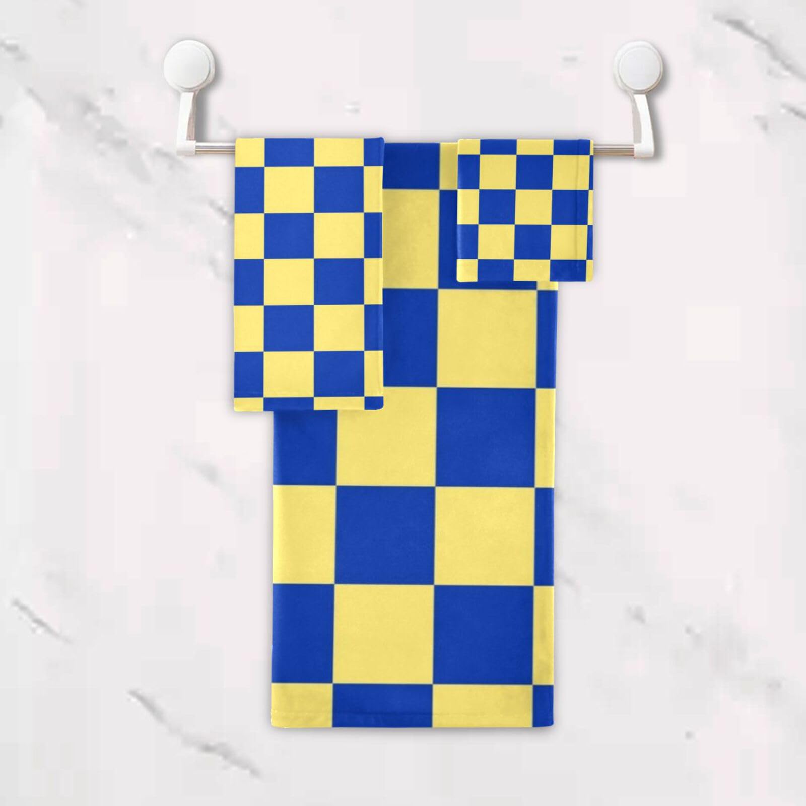 Set di 3 asciugamani per il viso in microfibra a quadri gialli e blu, 1 asciugamano da bagno, 1 asciugamano per le mani, 1 panno per la casa, cucina e famiglia