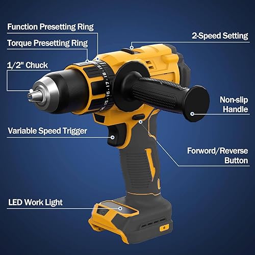 Miniatura 5 de Taladro de martillo inalámbrico compatible con batería Dewalt de 20 V Max (sin batería), motor sin escobillas, portabrocas de metal sin llave de 12