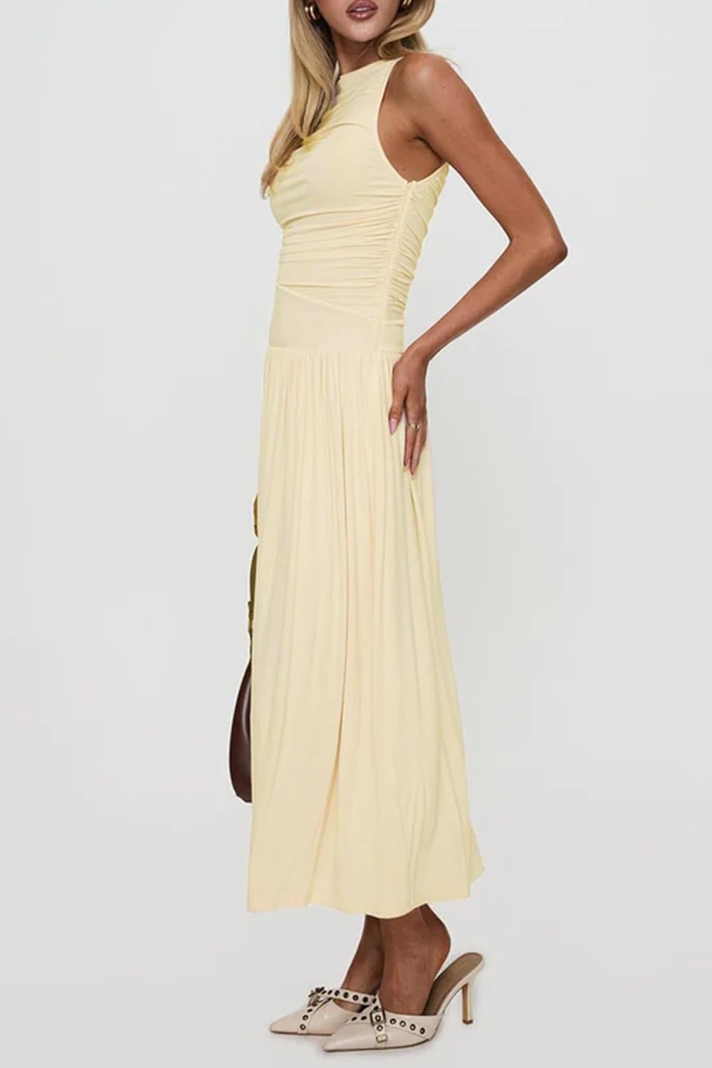 2026 Summer Formal Dresses for Women Casual Ruched Maxi Dress Sleeveless Drop Waist Boat Neck Long Flowy Sundress - Image 5