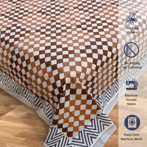 Image of TOAI Hand Block Printed Bedsheet | Bed Spread Flatsheet Bed Sheet | Pure Cotton | Queen Size 90 inchx108 inch | 300 TC Long Staple Cotton | 2 Reversible Pillow Covers |Checks Lines Brown