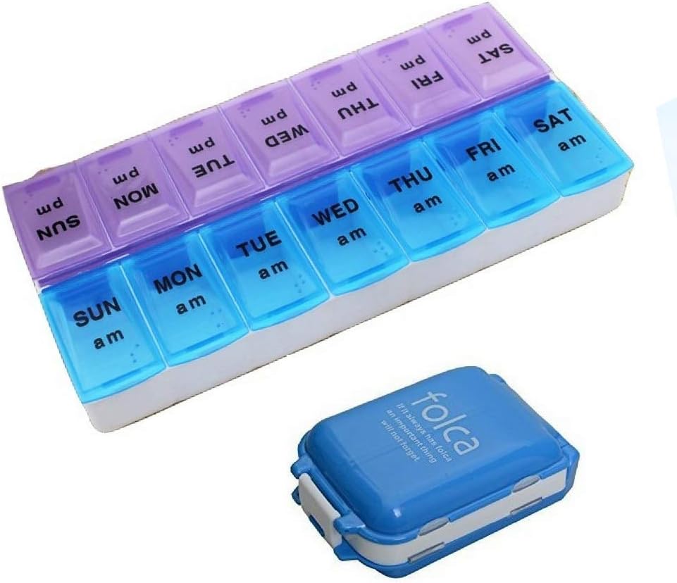 Weekly Pill Organizer for Morning & Night - 2 Times Medication Bundle with 8 Compartment Pill Organizer Box to Provide Convenient & Enough Storage Space for Travel Used.