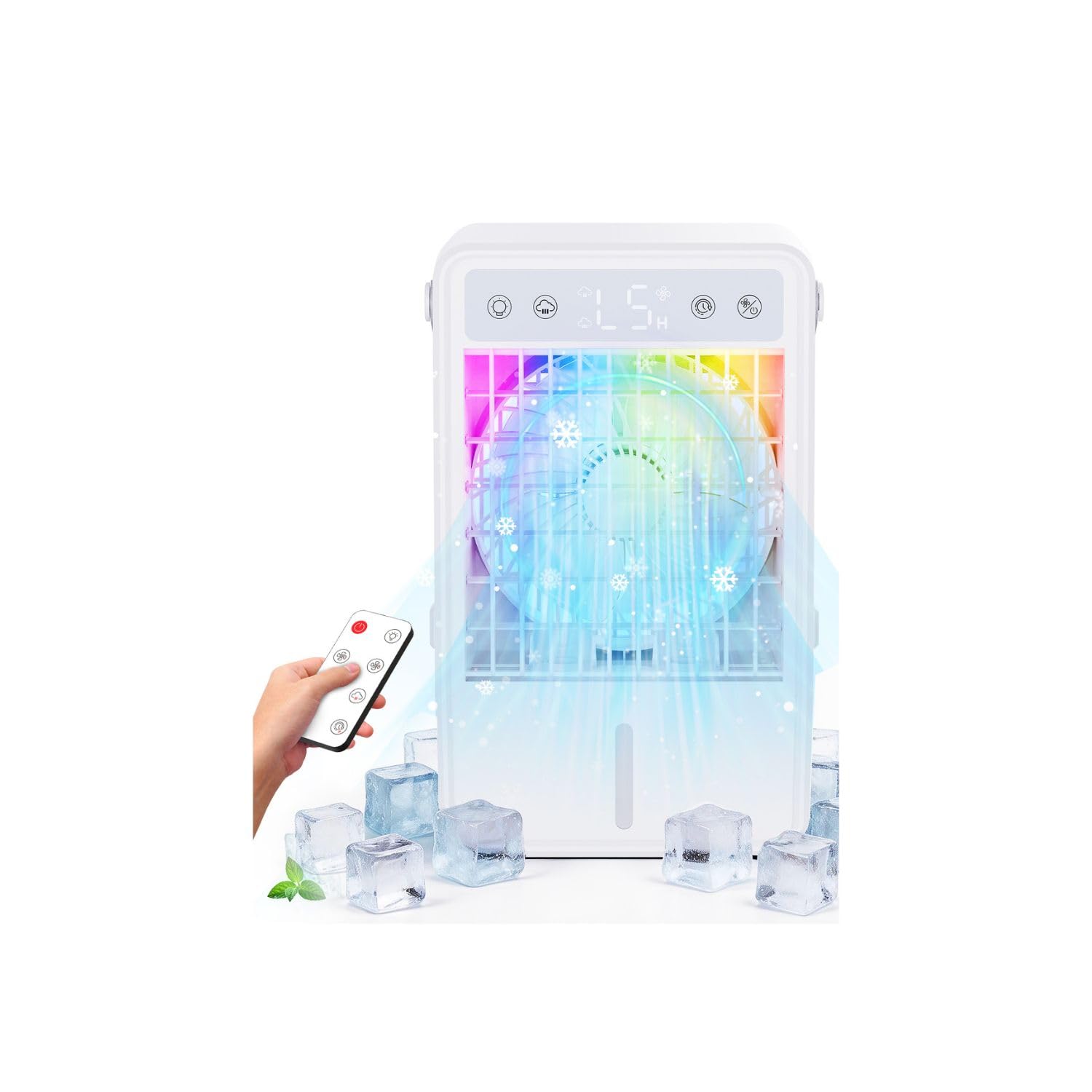 Aire Acondicionado Portatil con Mando a Distancia | Enfriador de Aire de 1500ML | 5 Intensidades y 3 Modos de Vapor | Temporizador 2/4/6/8/10 Horas y Luz RGB | Diseño Compacto para Dormitorio Oficina