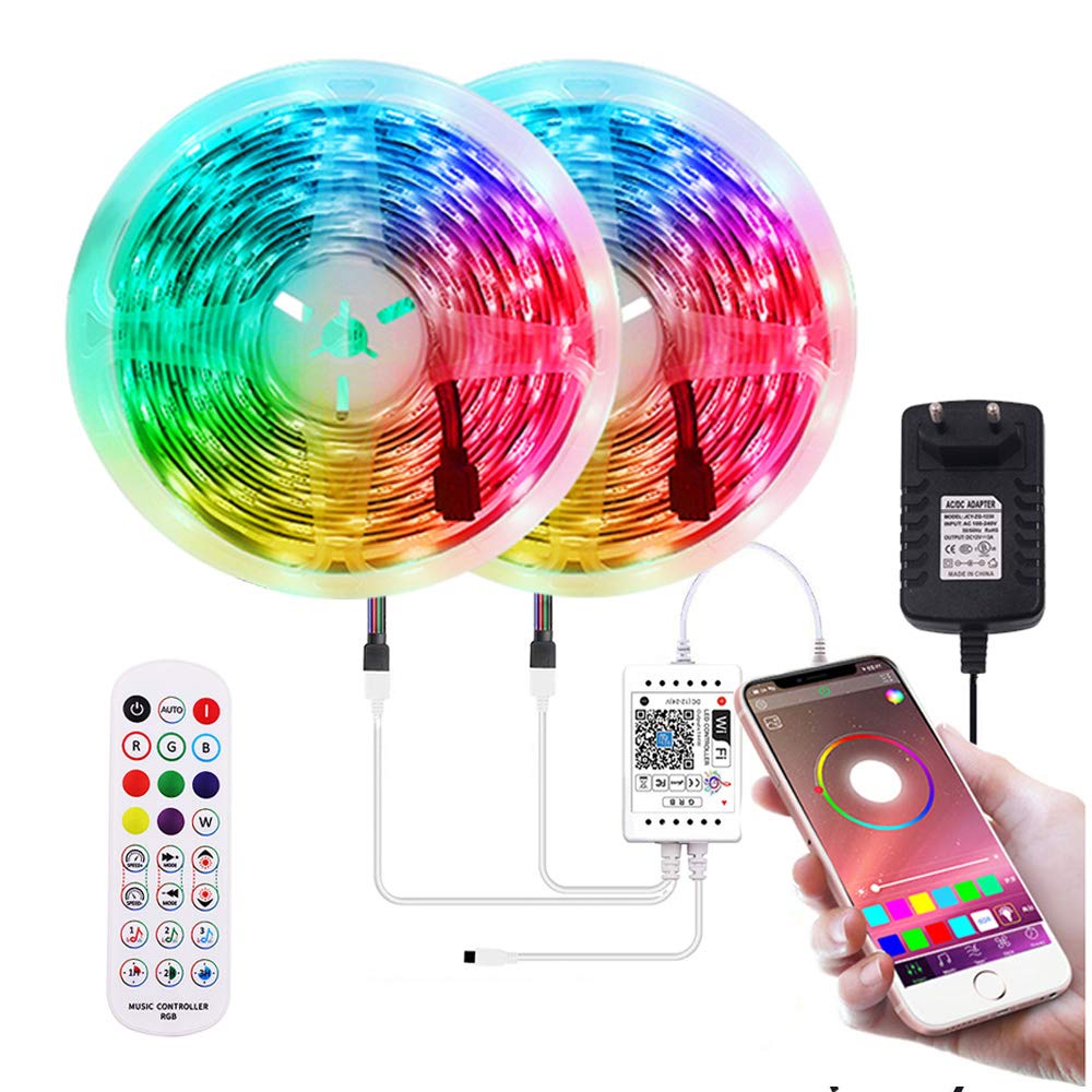 XUNATA Kit de Tira de LED RGB de Música de 12 V versión WiFi- Tira de luz Autoadhesiva SMD 5050 30LEDs/m, Control remoto, Fuente de Alimentación (15m, Impermeable)