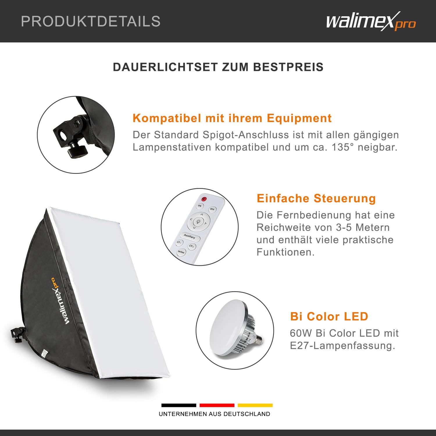 Walimex pro Softbox & Lampenstativ Kit I 40x60cm, 45W Bi Color LED I leistungsstarkes Dauerlicht inkl. Diffusor & Fernbedienung I Farbtemperatur 3.000 – 6.000 K I Für Profi-Fotos & Videos I CRI 95+