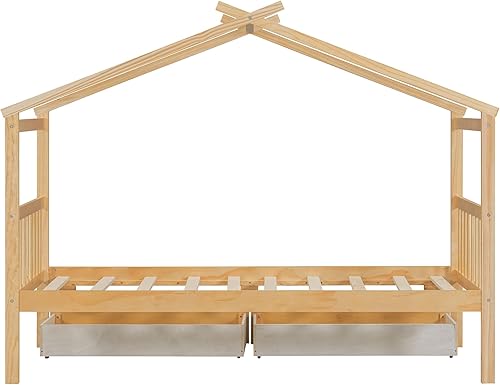 Miniatura 7 de Cama de plataforma de madera con dos cajones, cama de casa tamaño individual con diseño de techo, patas de pino macizo, cabecera y estribo, cama