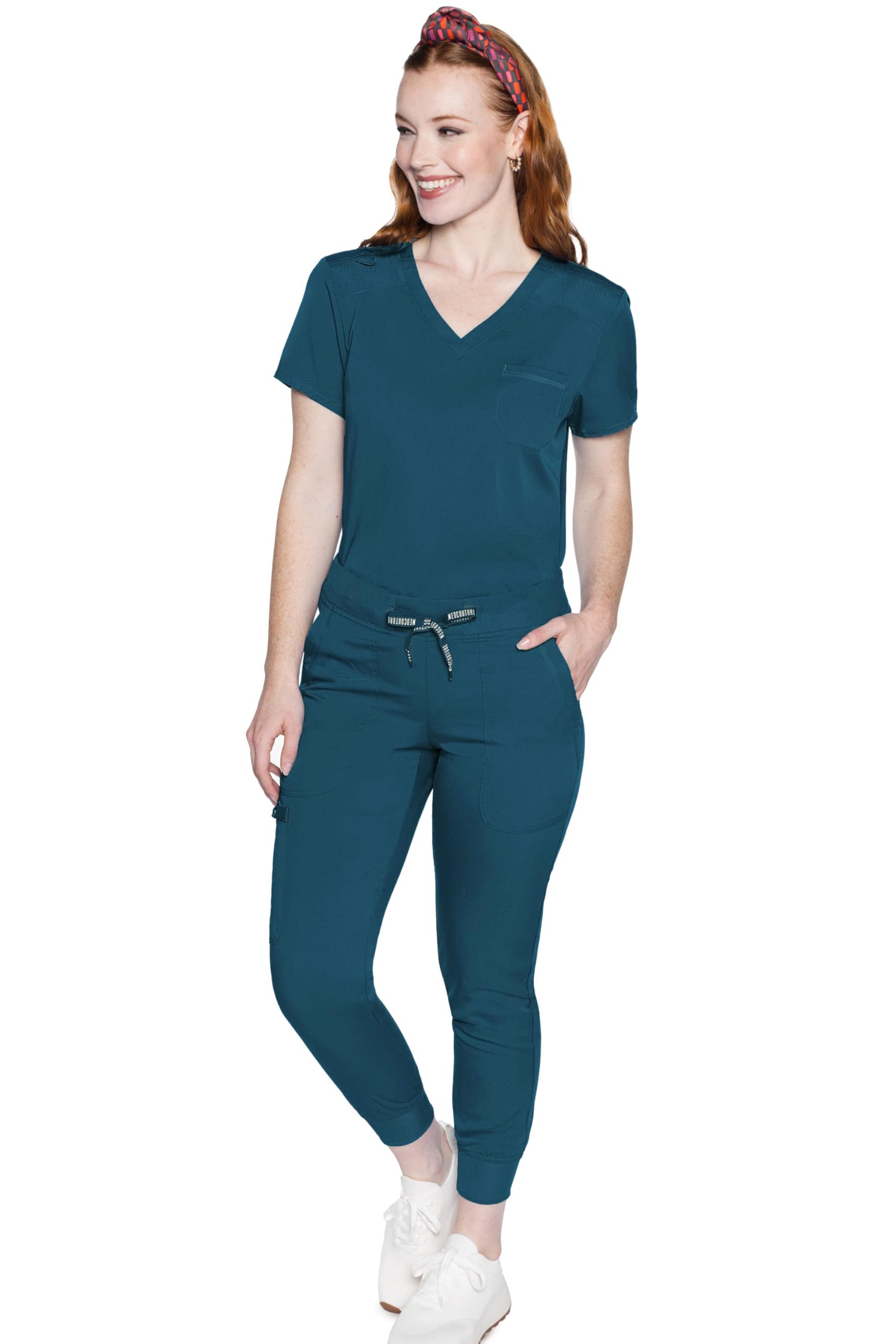Med Couture Conjunto de uniforme médico para mujer con cuello en V MC7448 y pantalones elásticos de 2 vías 7710, caribeño, parte superior L / pantalón L