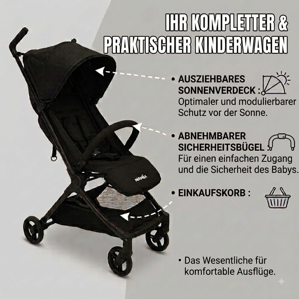 Nania, passeggino ultracompatto, Babyjet (da 0 a 15 kg), omologato per il trasporto in cabina aerea, leggero (4,5 kg), schienale reclinabile, parasole regolabile, borsa da trasporto inclusa