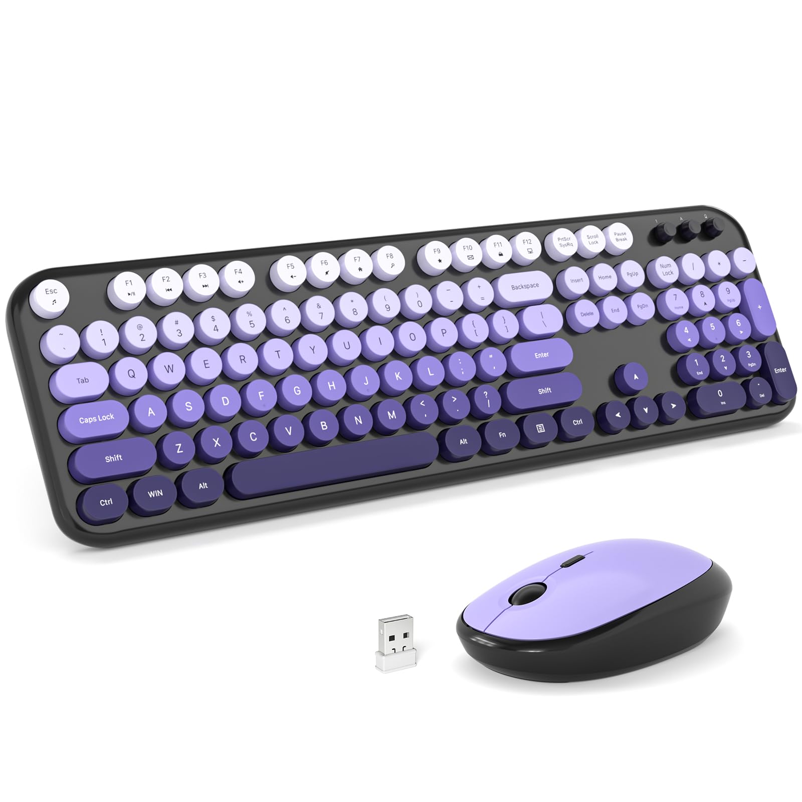 MOFII Wireless Keyboard and Mouse Combo, Full Size 2.4G Retro Round Computer Keyboard and Mouse Set, Plug and Play, for Windows, Computer, Desktop, PC, Notebook - (Black Purple Gradient)